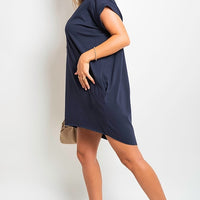 Short sleeve tunic top with front pockets, dark navy, loose fit, round neckline