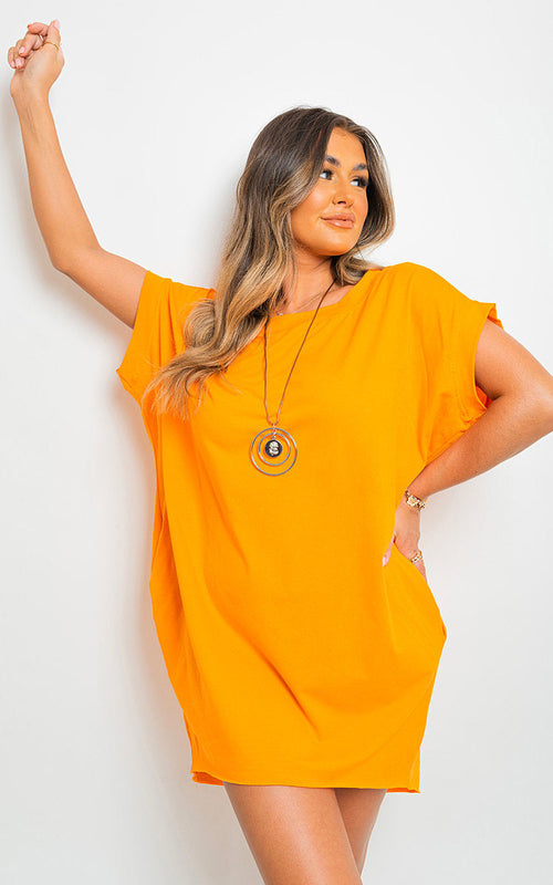 Short sleeve tunic top with front pockets, orange, loose fit, round neckline