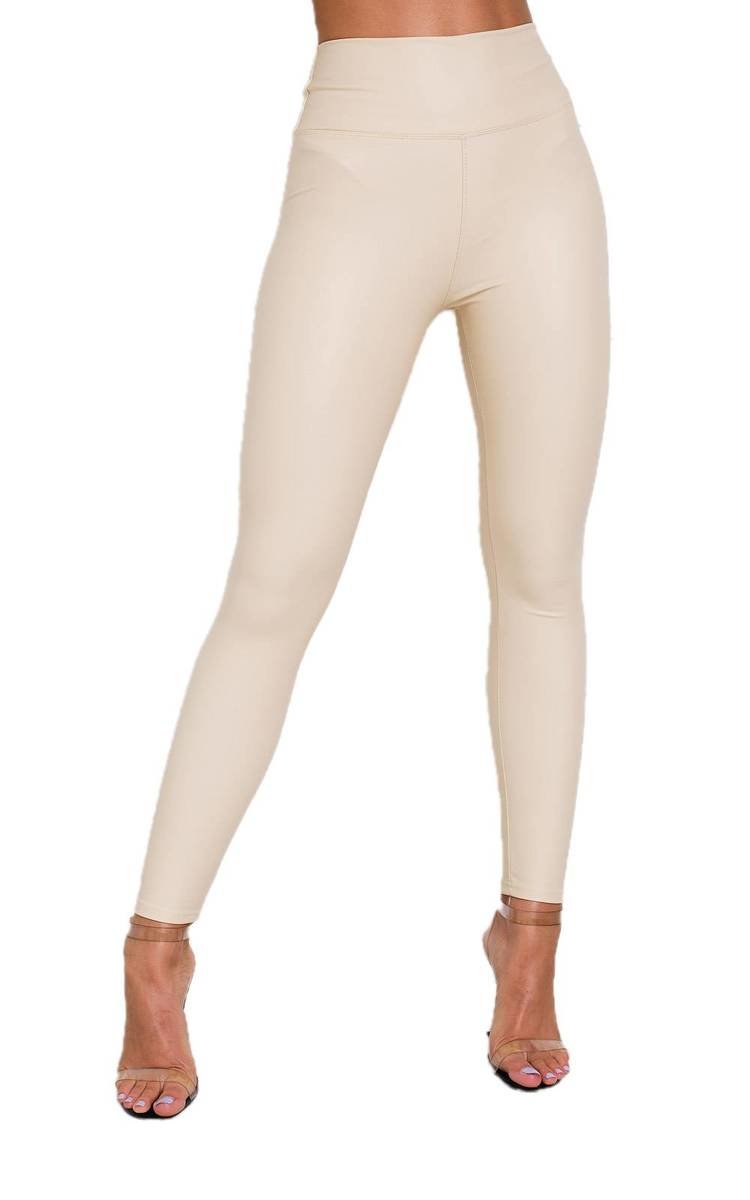 Beige faux leather leggings with smooth, streamlined slim-leg silhouette.