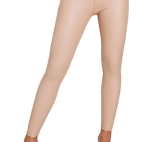Beige faux leather leggings, studio view, ankle-length slim silhouette