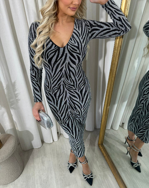 Glitter Midi Dress in Wine with Zebra Pattern and Long Sleeves