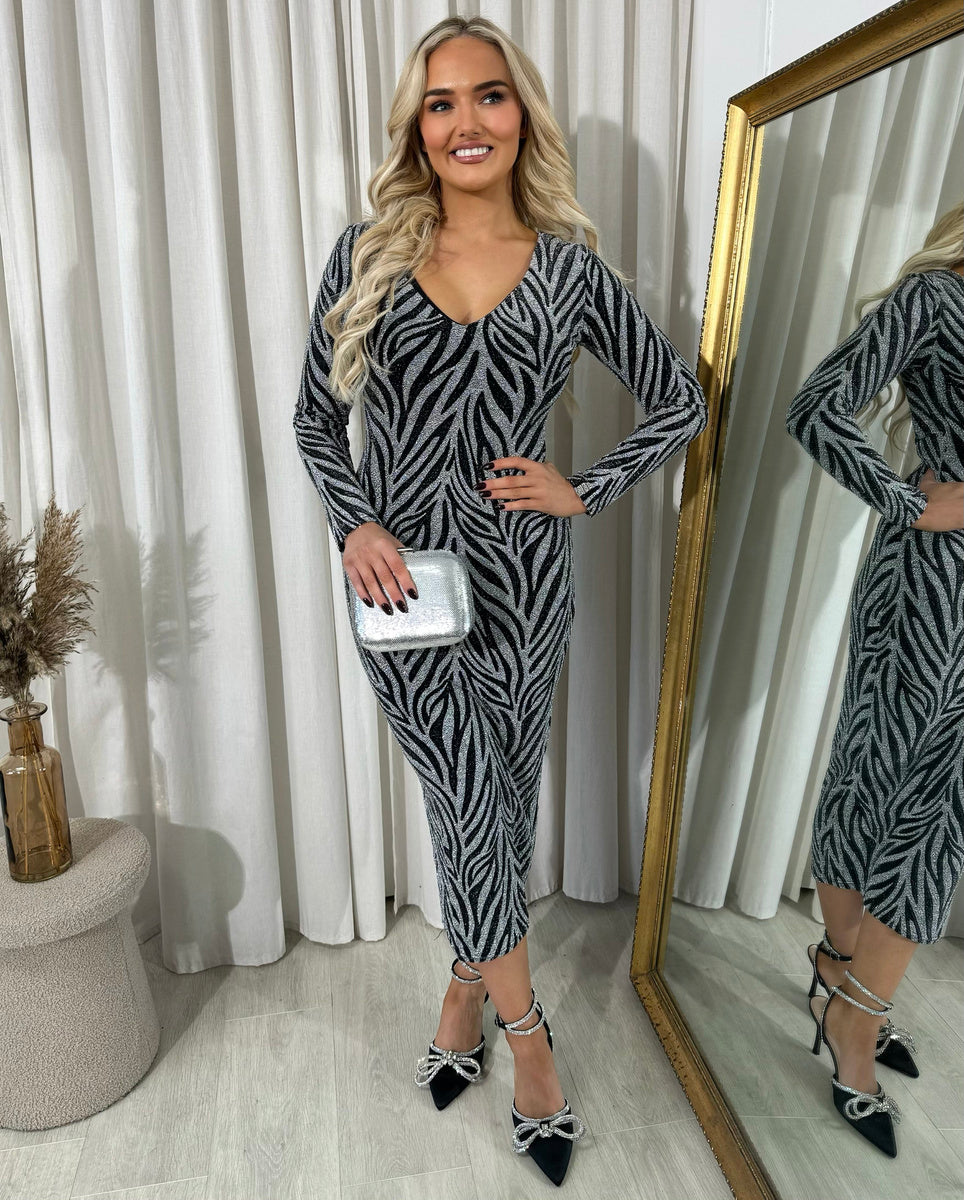 Glitter Midi Dress in Wine with Zebra Pattern and Long Sleeves