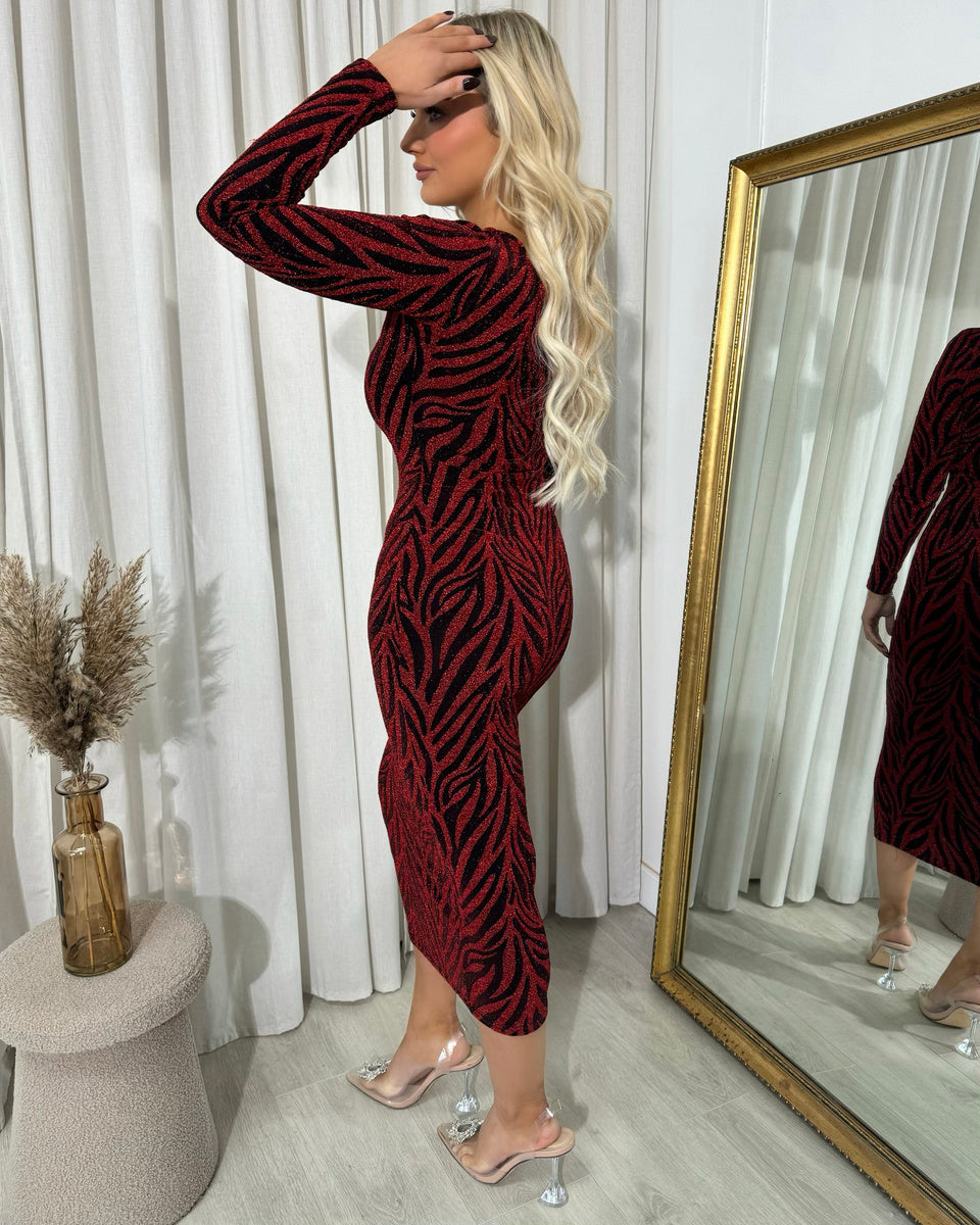 Glitter Midi Dress in Wine with Zebra Pattern and Long Sleeves
