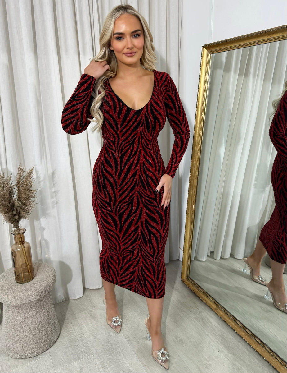 Glitter Midi Dress in Wine with Zebra Pattern and Long Sleeves