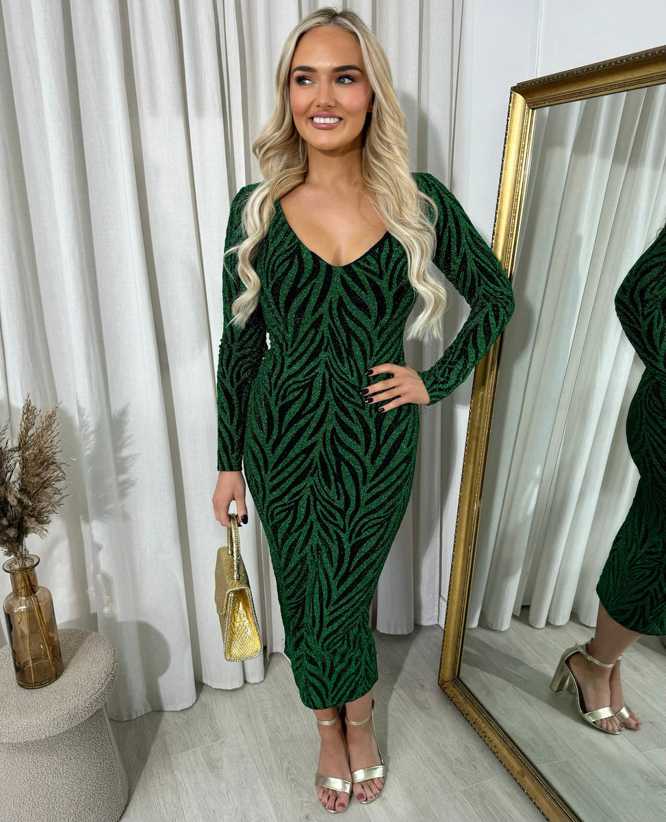 Glitter Midi Dress in Wine with Zebra Pattern and Long Sleeves