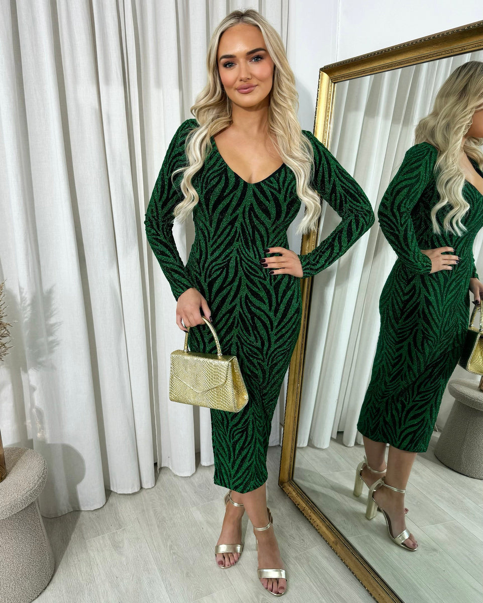 Glitter Midi Dress in Wine with Zebra Pattern and Long Sleeves