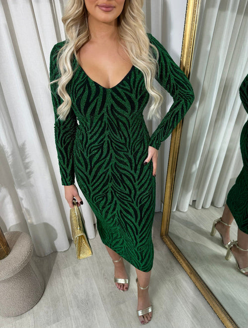 Glitter Midi Dress in Wine with Zebra Pattern and Long Sleeves