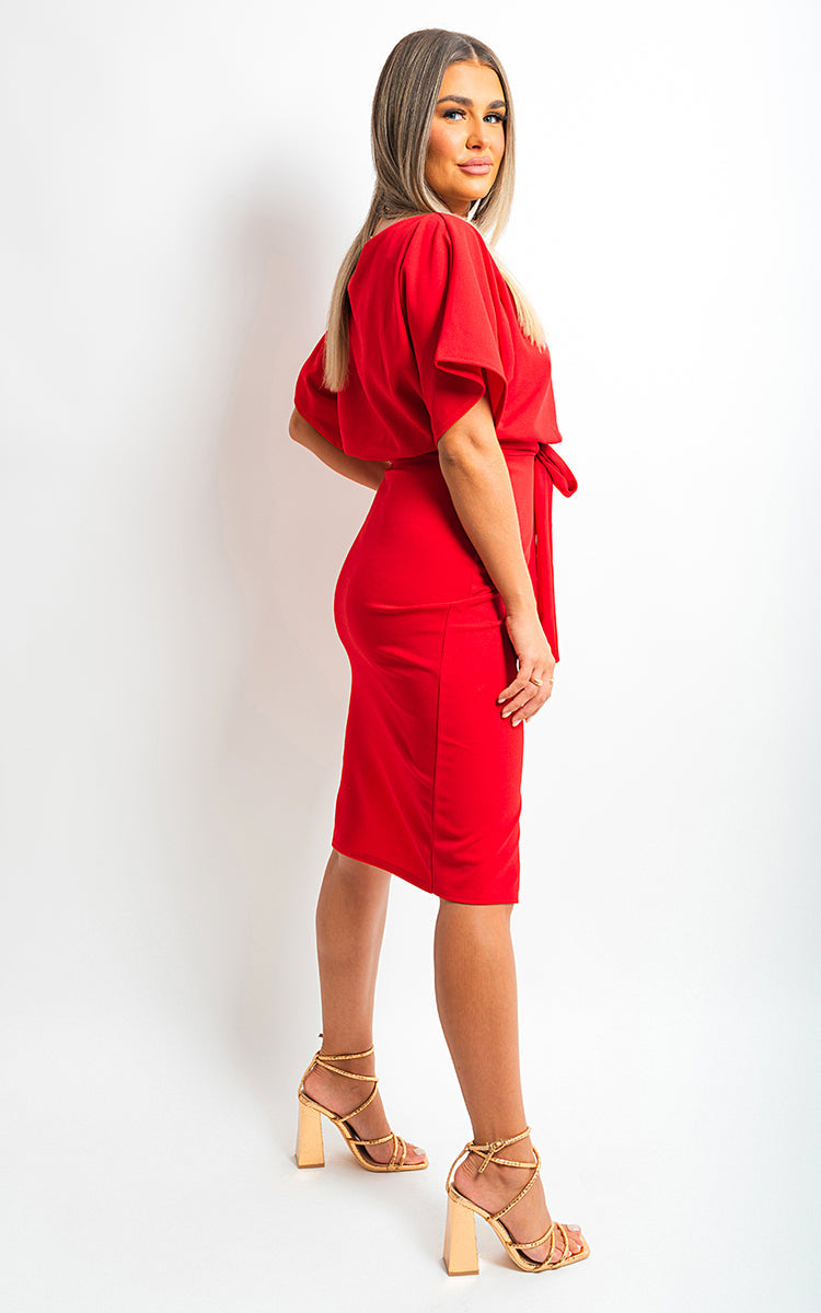 Midi Dress in Royal Blue with Kimono Sleeves and Tie Belt