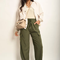 Wide Leg Drawstring Waist Flap Pocket Trouser