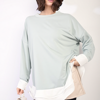 Mint green oversized long-sleeve top with contrast white ruffle hem