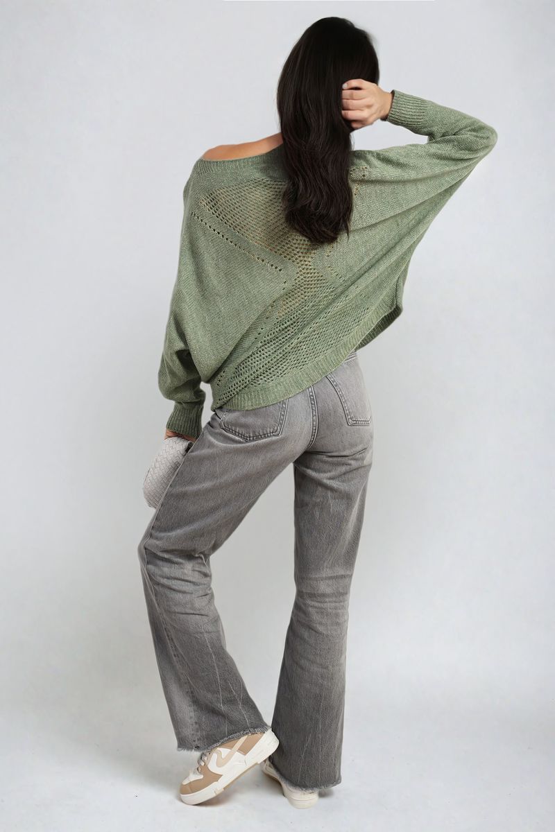 Knitted Jumper in Avocado Green with Patterned Back
