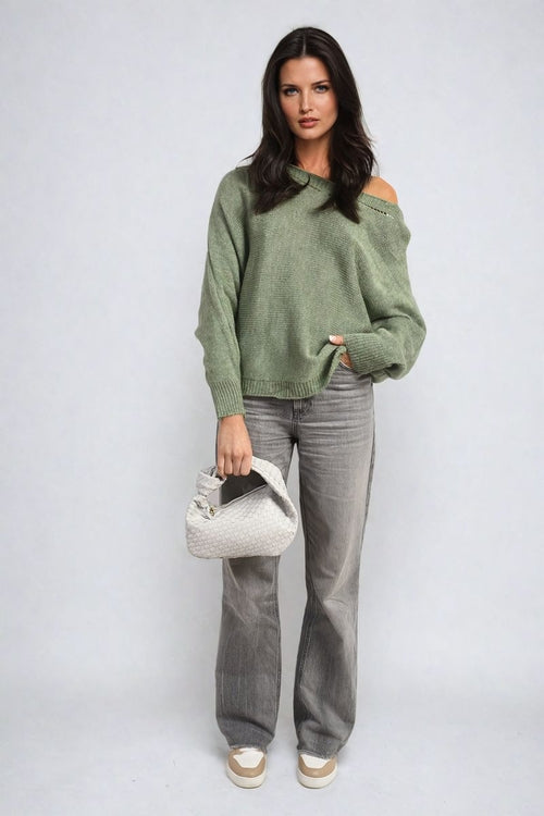 Knitted Jumper in Avocado Green with Patterned Back