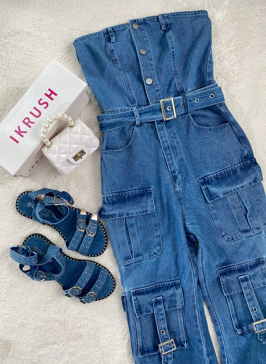 Blue denim strapless cargo jumpsuit, belted waist and patch pockets