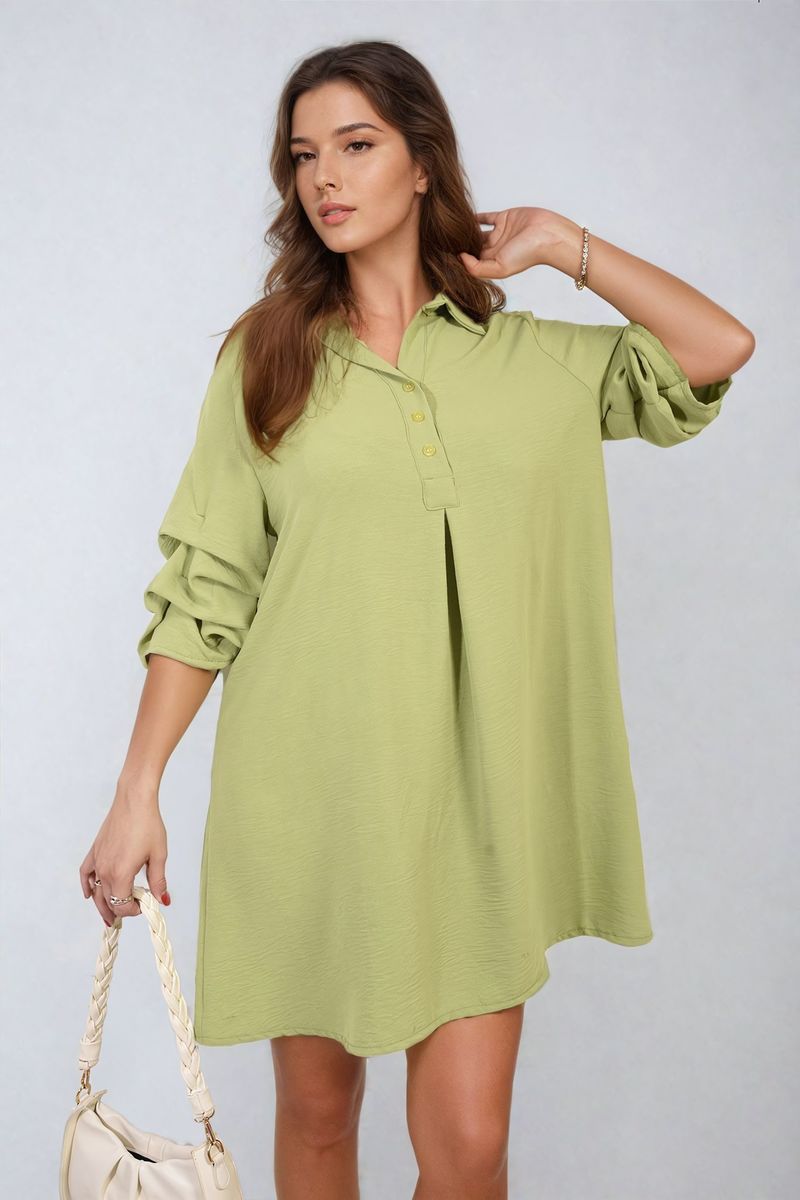 Light olive shirt dress with collar and loose half sleeves, relaxed silhouette.