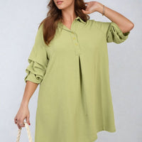 Light olive shirt dress with collar and loose half sleeves, relaxed silhouette.