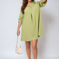 Olive green shirt dress with collar and loose 3/4 sleeves