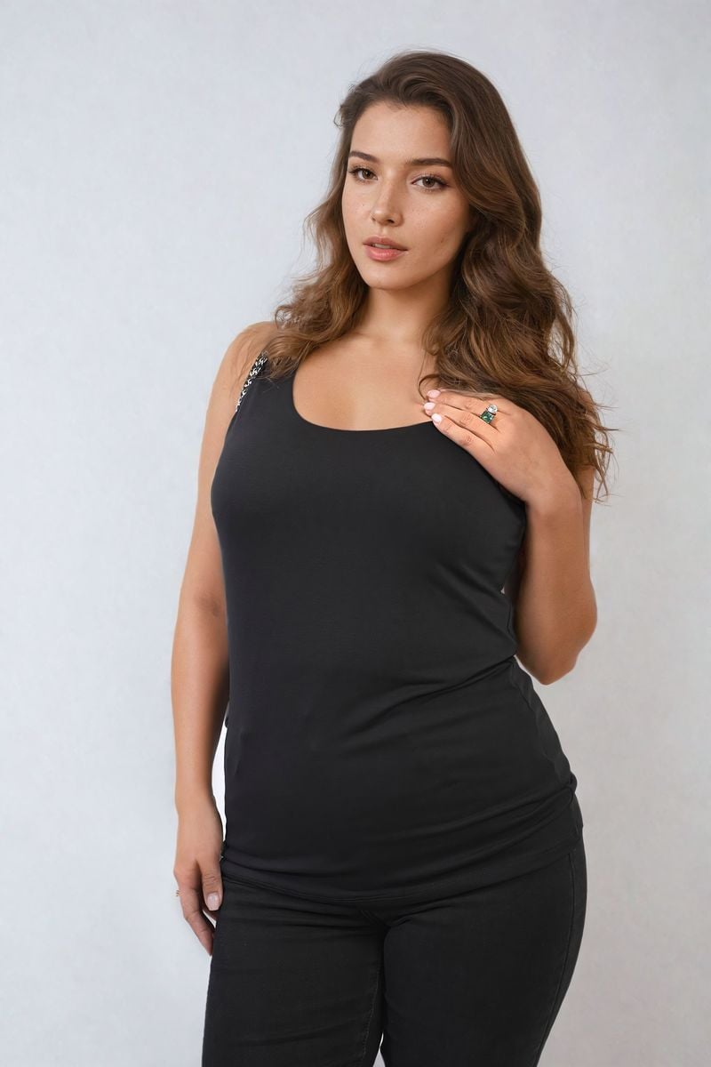 Black tank top with scoop neck and wide shoulder straps