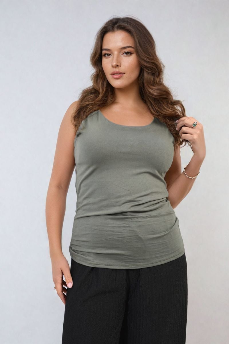 Gray scoop-neck tank top with wide shoulder straps and draped midsection.