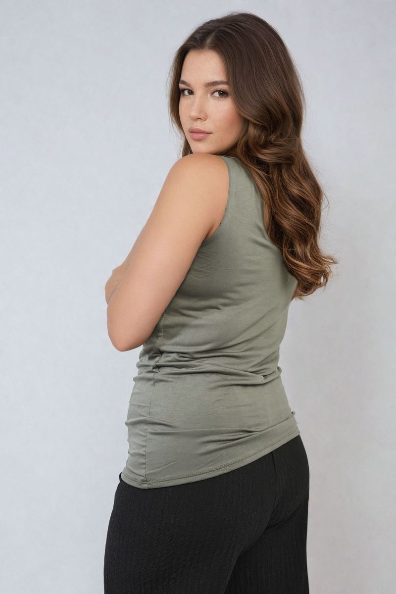 Scoop-neck olive tank top with wide shoulder straps and ruched waist