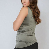 Scoop-neck olive tank top with wide shoulder straps and ruched waist