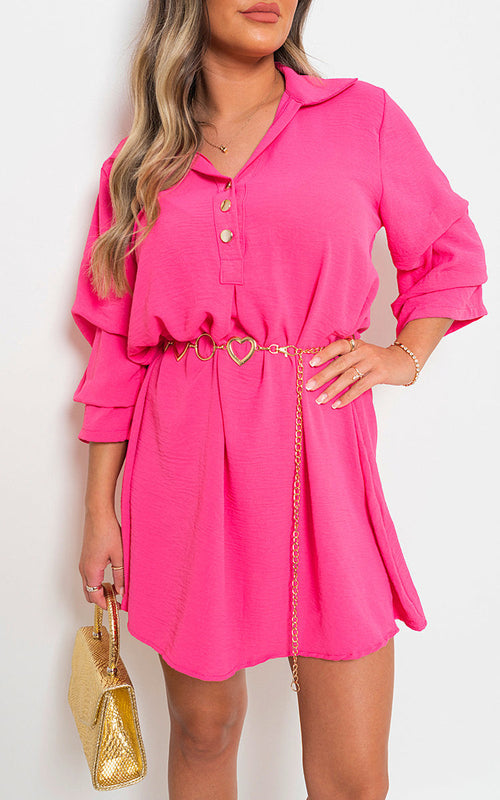 Bright pink shirt dress with collar, button front, and gathered waist.