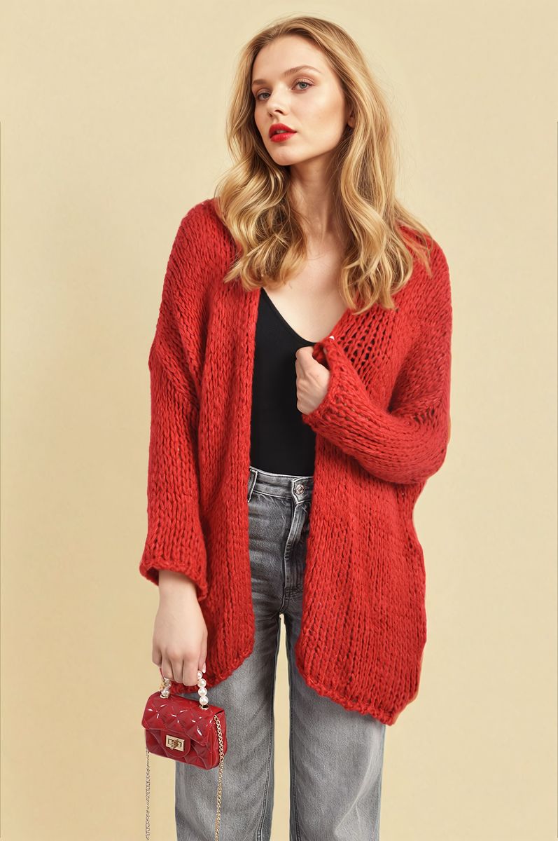 Chunky Knit Cardigan in White with Open Front and Long Sleeves