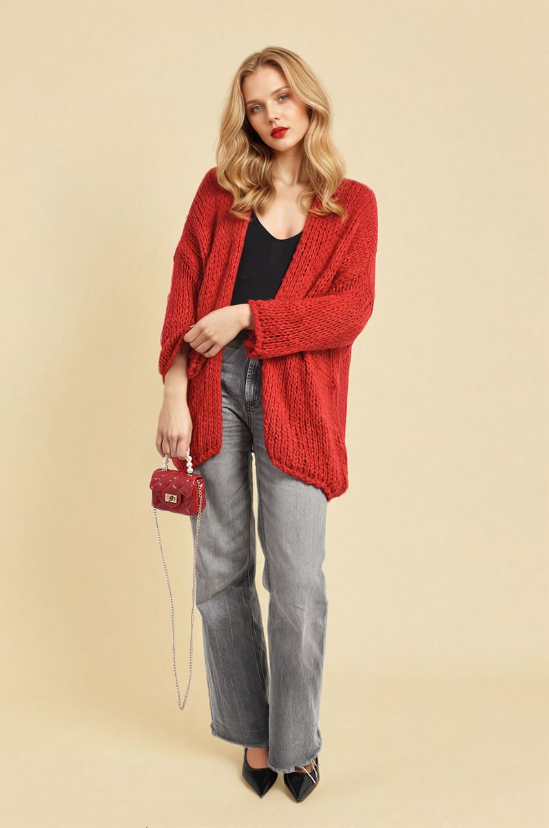Chunky Knit Cardigan in White with Open Front and Long Sleeves