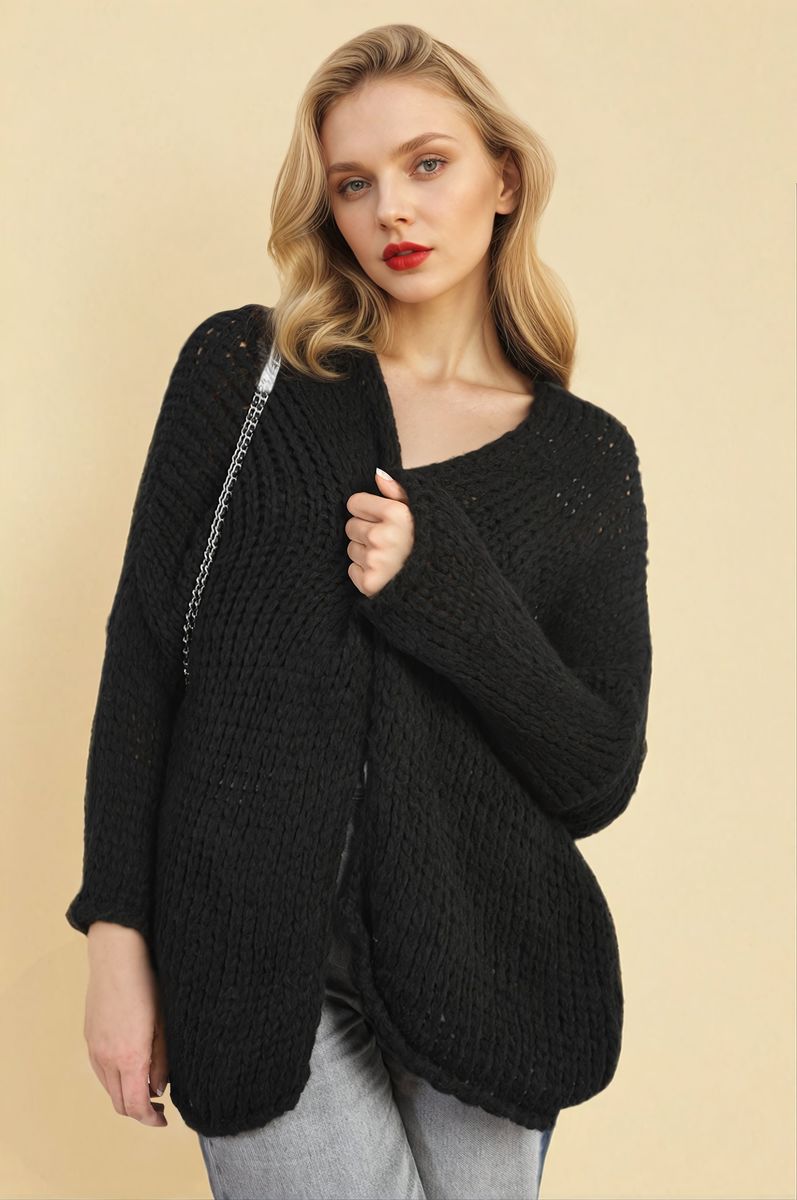 Chunky Knit Cardigan in White with Open Front and Long Sleeves