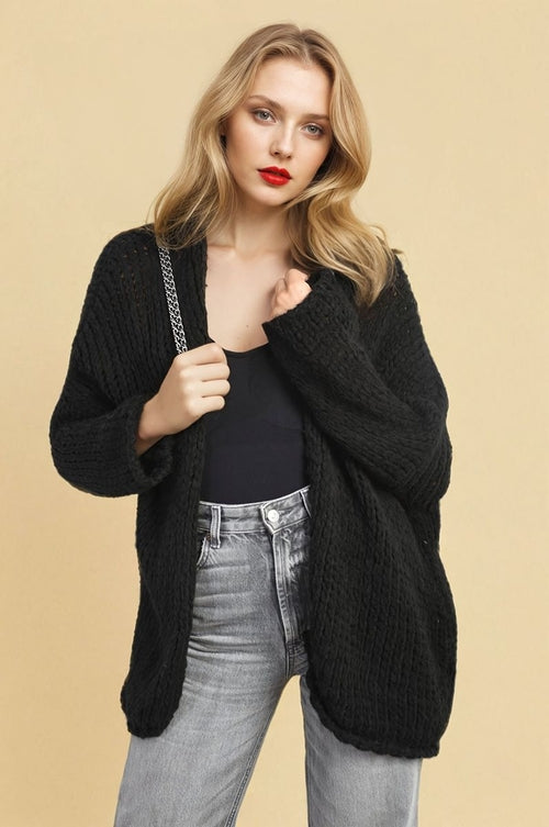 Chunky Knit Cardigan in White with Open Front and Long Sleeves
