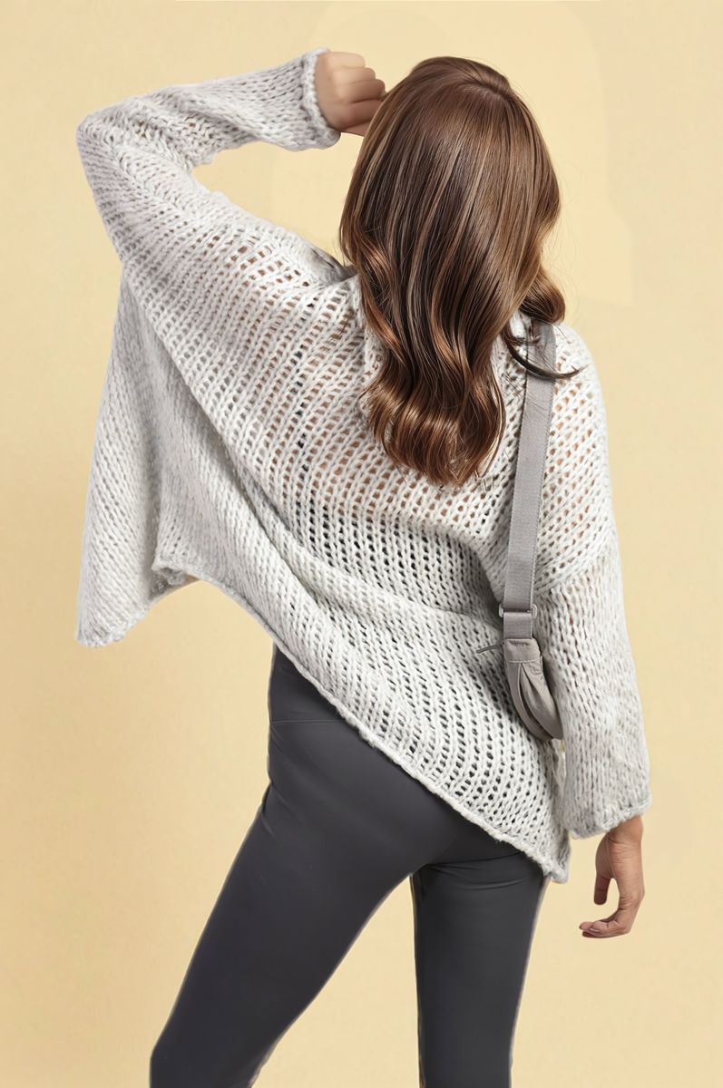 Chunky Knit Cardigan in White with Open Front and Long Sleeves