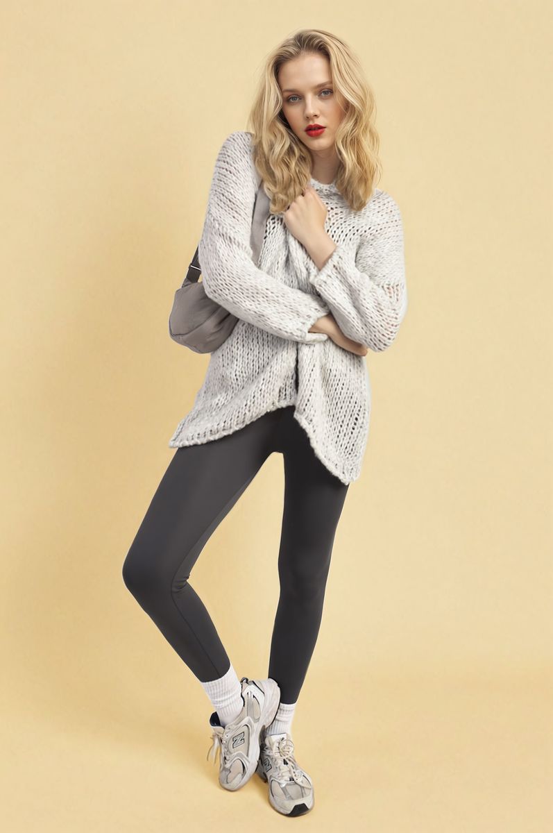 Chunky Knit Cardigan in White with Open Front and Long Sleeves