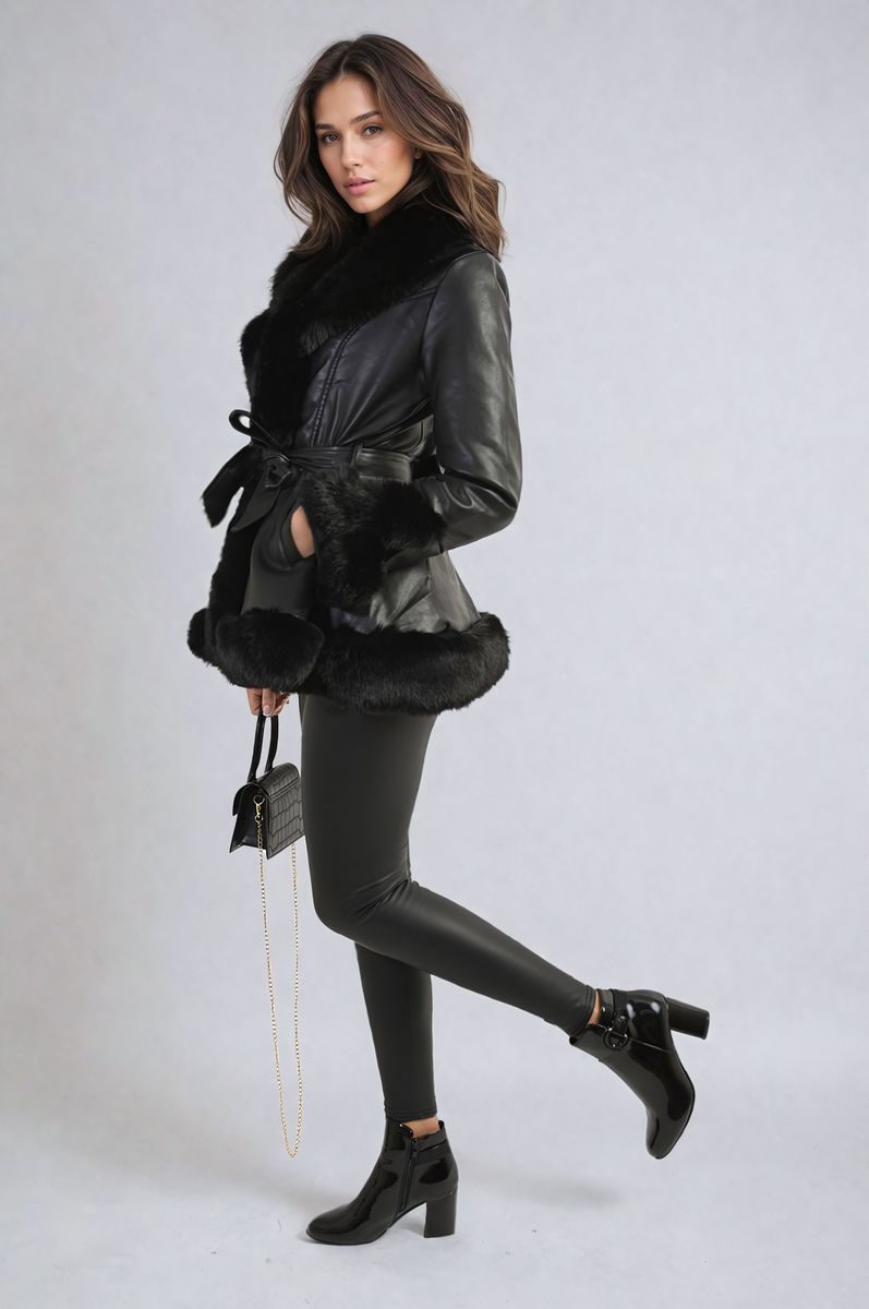 Faux Fur Trim Jacket in Beige with Tie Belt