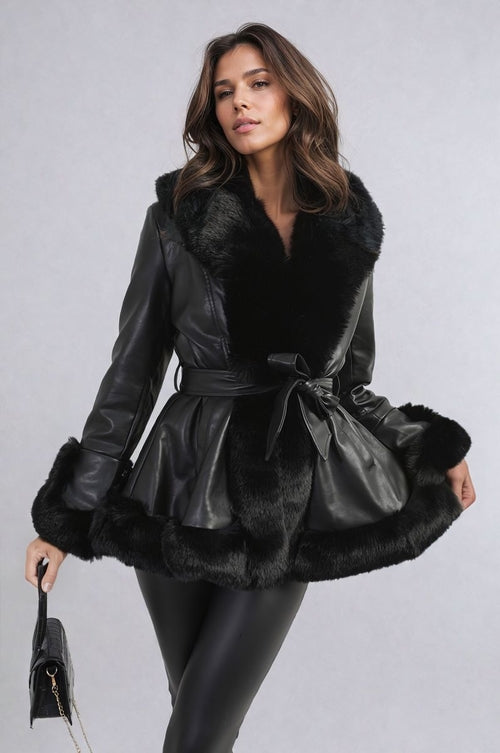 Faux Fur Trim Jacket in Beige with Tie Belt