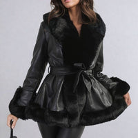 Faux Fur Trim Jacket in Beige with Tie Belt