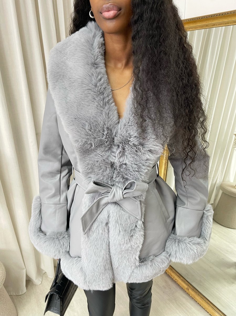 Faux Fur Trim Jacket in Beige with Tie Belt