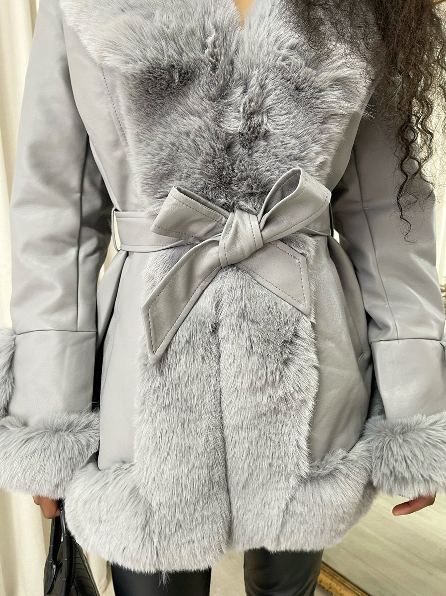 Faux Fur Trim Jacket in Beige with Tie Belt