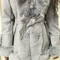 Faux Fur Trim Jacket in Beige with Tie Belt