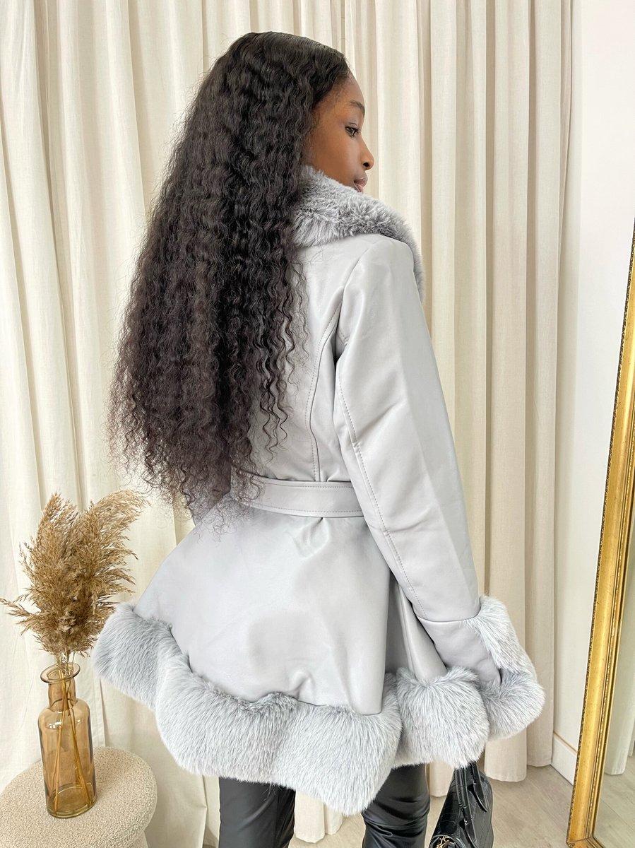 Faux Fur Trim Jacket in Beige with Tie Belt