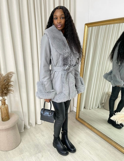 Faux Fur Trim Jacket in Beige with Tie Belt