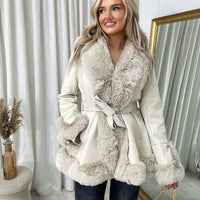 Faux Fur Trim Jacket in Beige with Tie Belt