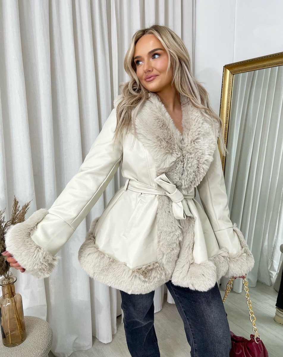 Faux Fur Trim Jacket in Beige with Tie Belt