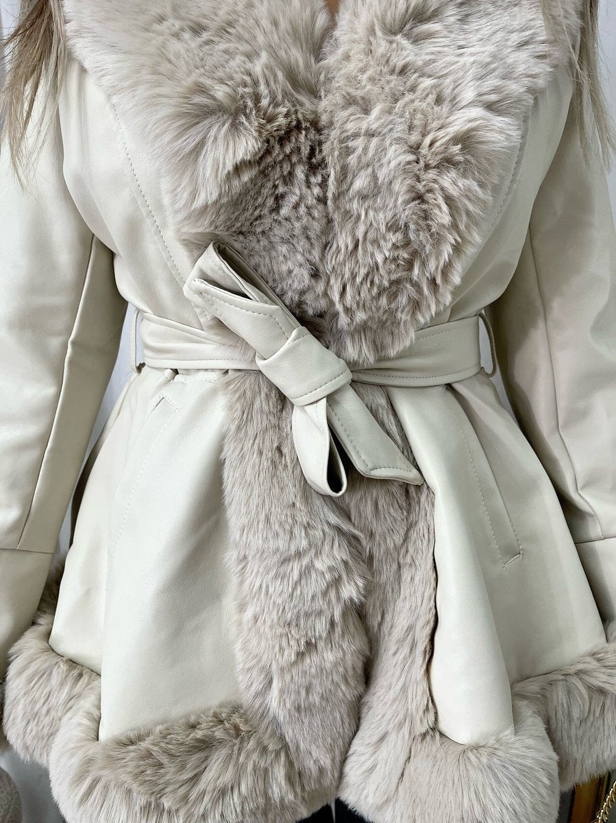 Faux Fur Trim Jacket in Beige with Tie Belt