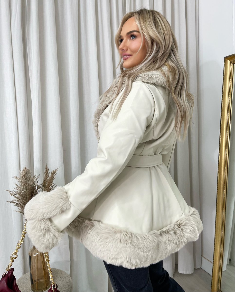 Faux Fur Trim Jacket in Beige with Tie Belt