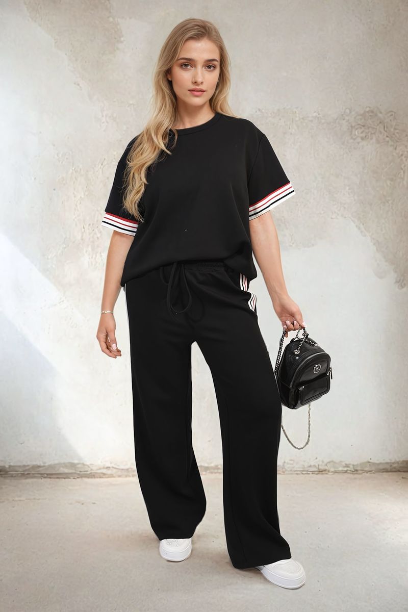 Black short-sleeve top and wide-leg trousers co-ord set with contrast stripe cuff detailing