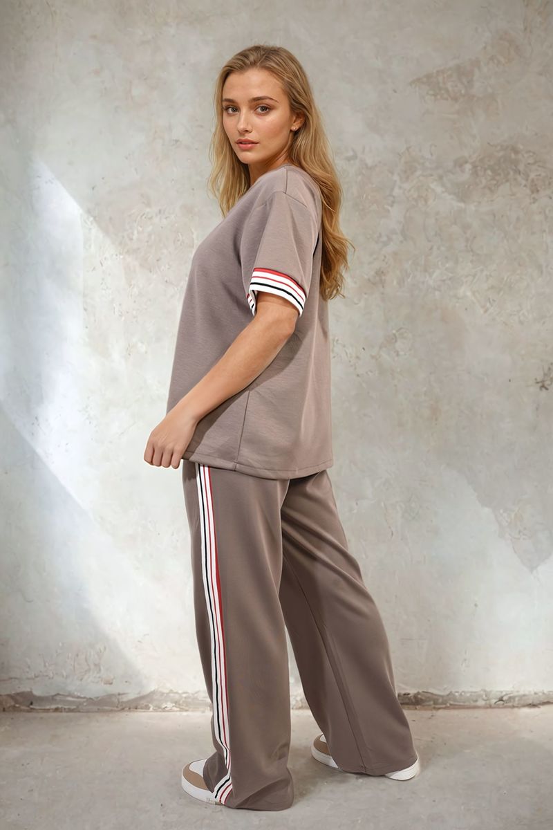 Taupe co-ord set with striped sleeve top and wide-leg trousers with side stripe