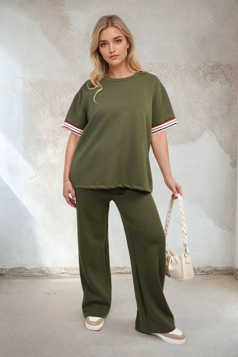 Olive co-ord set with striped sleeve top and wide-leg drawstring trousers