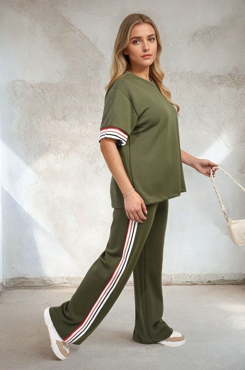 Olive green co-ord set with crew-neck top and wide-leg trousers, contrast stripe side trim