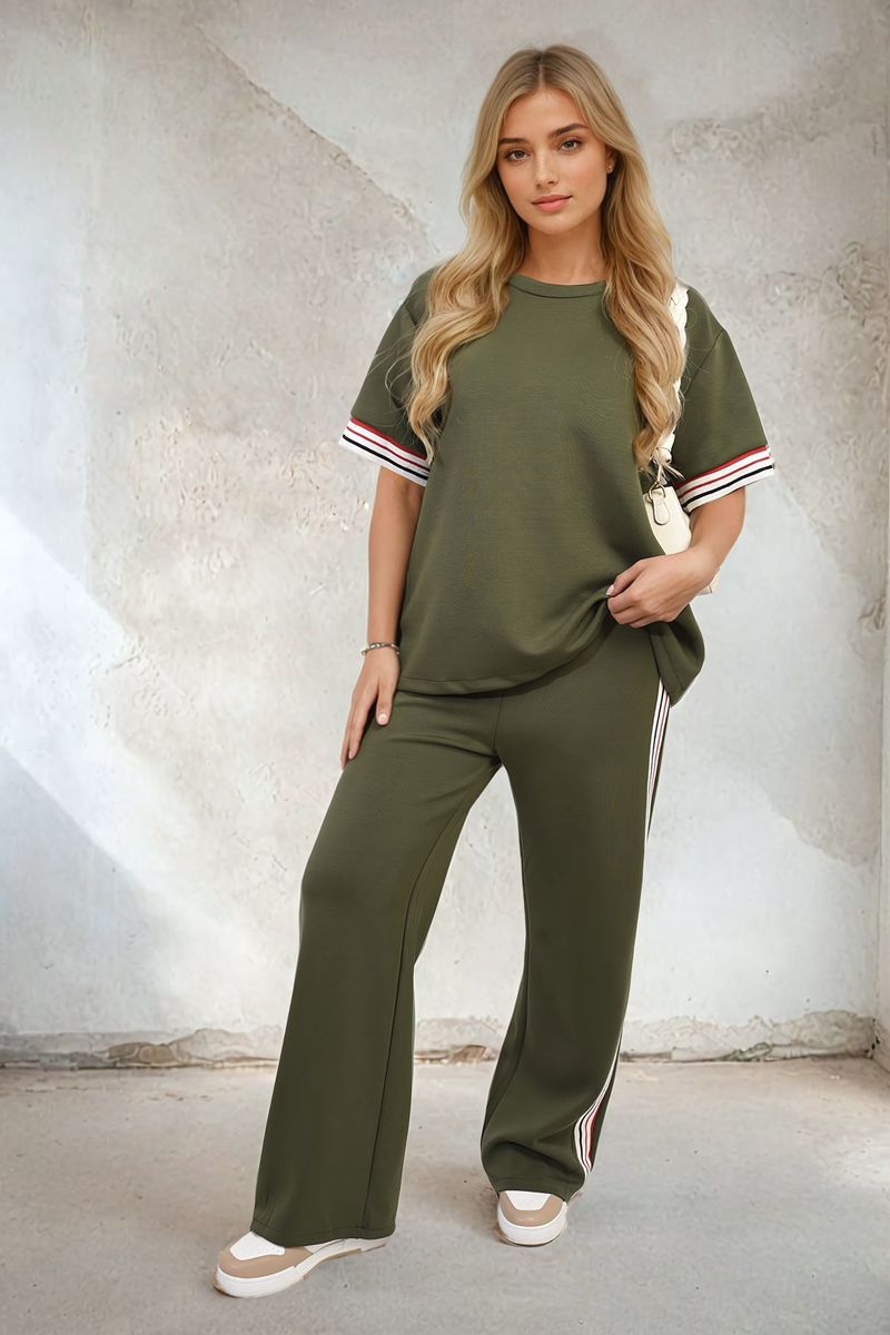 Olive green co-ord set with crew-neck top and wide-leg trousers, contrast stripe trims
