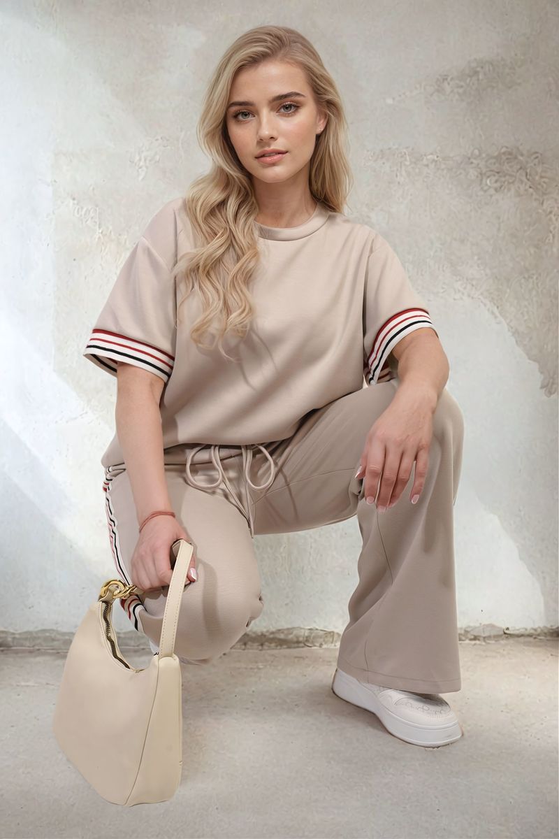 Beige lounge co-ord with striped sleeves, matching drawstring wide-leg trousers