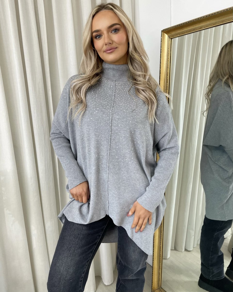 Grey oversized knitted jumper with high neck and rhinestone speckle detail